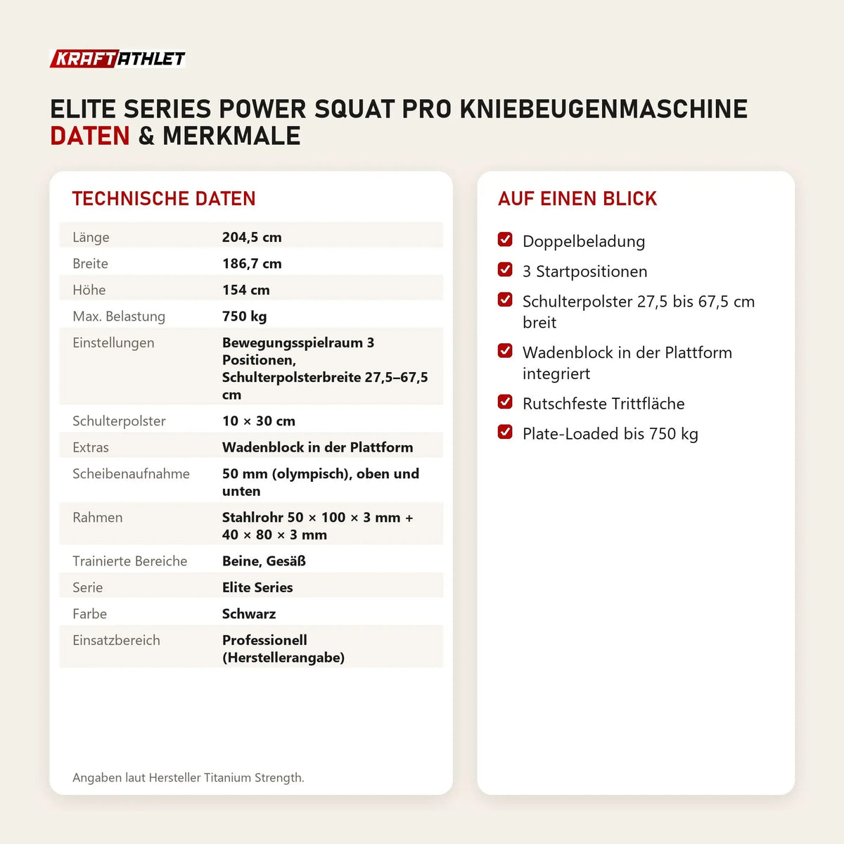 Technische Daten und Merkmale von Titanium Strength Elite Series Power Squat Pro Kniebeugenmaschine als Tabelle