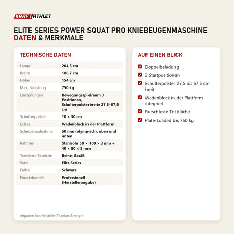 Technische Daten und Merkmale von Titanium Strength Elite Series Power Squat Pro Kniebeugenmaschine als Tabelle