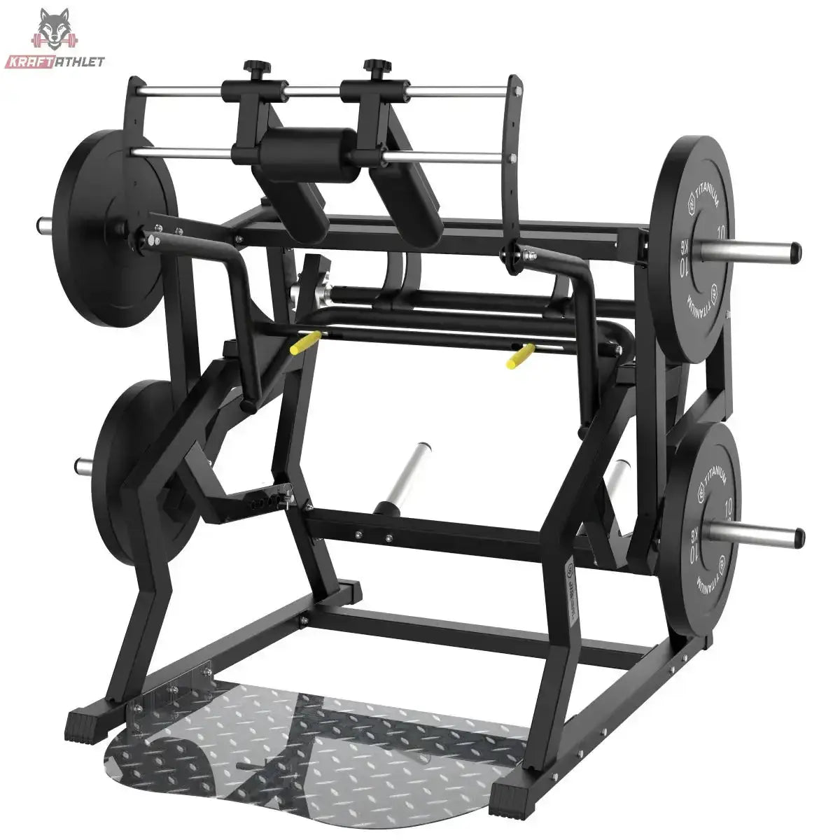 Titanium Strength Elite Series Power Squat Kniebeugenmaschine in Frontschrägansicht mit Hantelscheiben