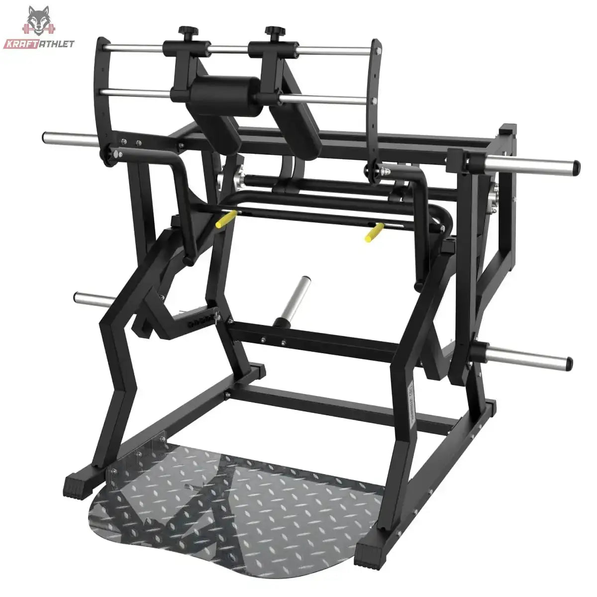 Titanium Strength Elite Series Power Squat Kniebeugenmaschine in Frontschrägansicht ohne Hantelscheiben