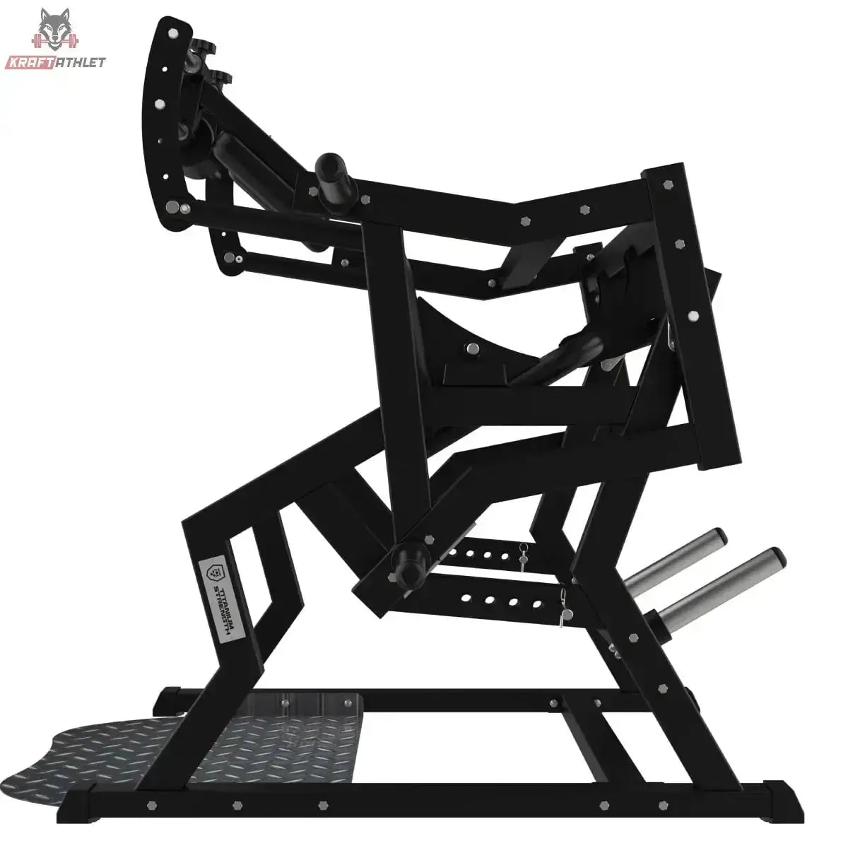Titanium Strength Elite Series Power Squat Kniebeugenmaschine in Seitenansicht von hinten mit Scheibenhaltern