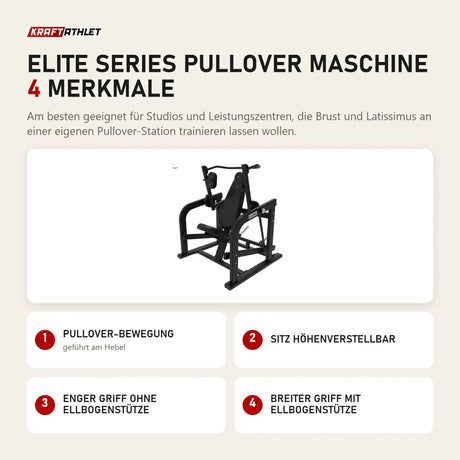 Titanium Strength Elite Series Pullover Maschine mit 4 Merkmalen: Pullover-Bewegung, Sitz höhenverstellbar, Enger Griff ohne Ellbogenstütze, Breiter Griff mit Ellbogenstütze