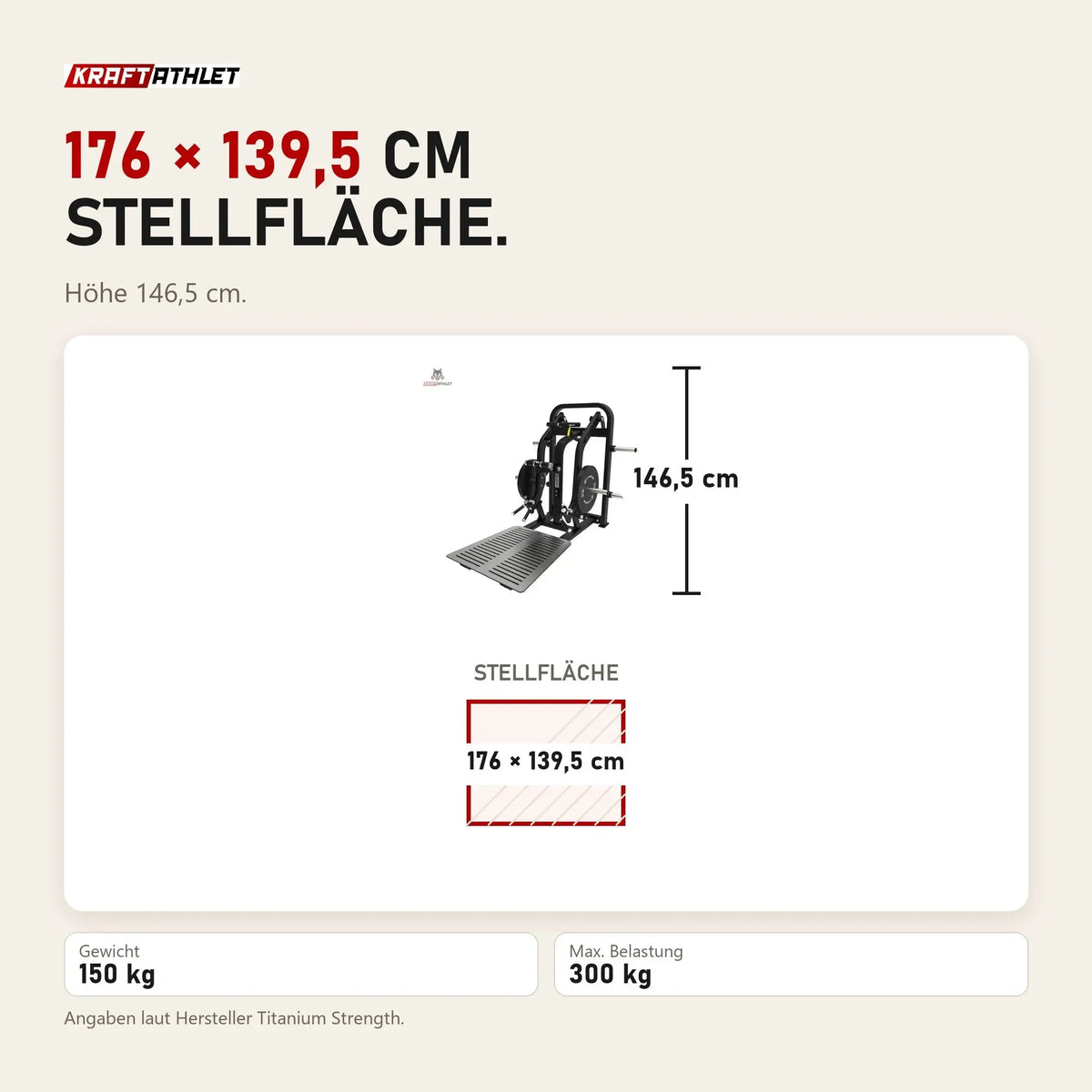 Maßbild Titanium Strength Elite Series Rudern und Kreuzheben Combo: Stellfläche 176 × 139,5 cm, Höhe 146,5 cm
