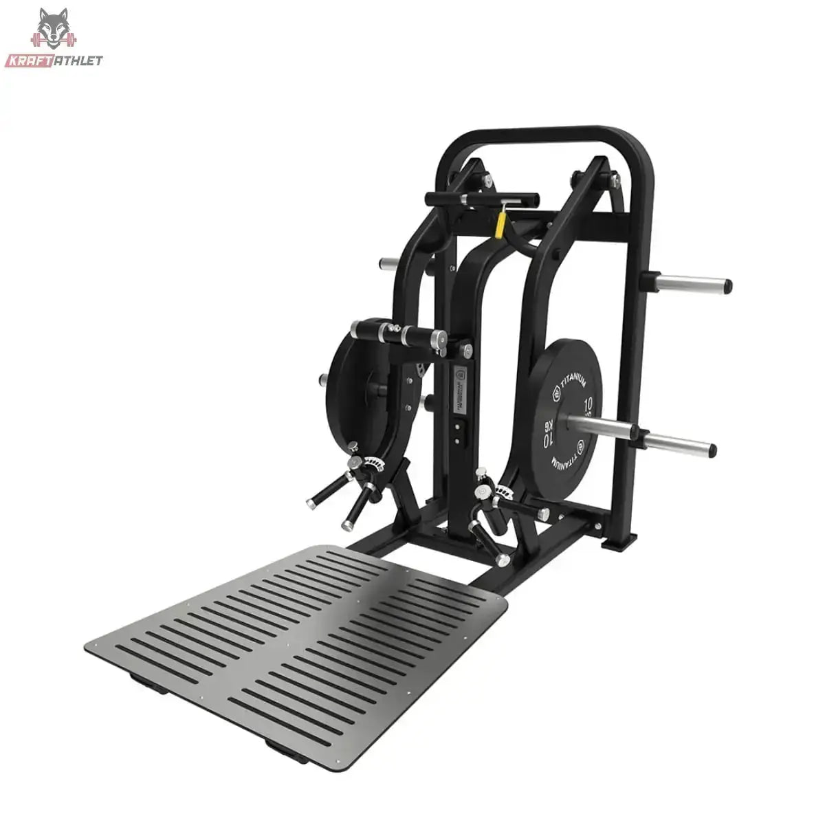 Titanium Strength Elite Series Rudern und Kreuzheben Combo in Schrägansicht von vorn mit Hantelscheibe und Standplatte