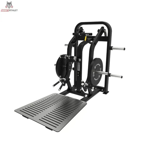 Titanium Strength Elite Series Rudern und Kreuzheben Combo in Schrägansicht von vorn mit Hantelscheibe und Standplatte