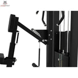 Titanium Strength Elite Series Ruderzugmaschine Seated Row – Detail von Brustpolster, Hebel und Gewichtsstapel