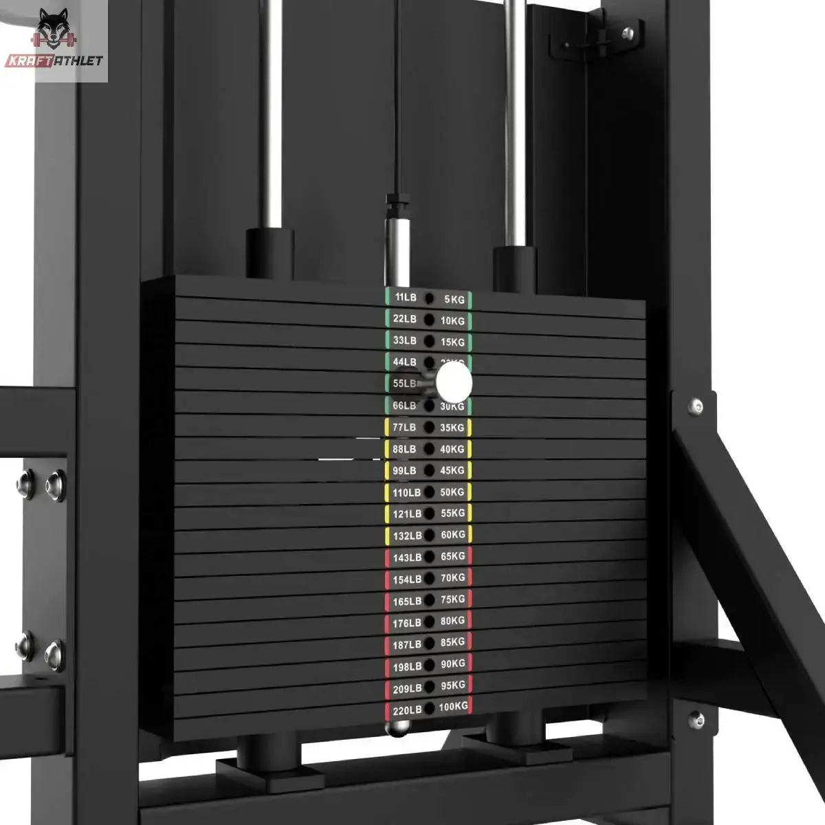 Titanium Strength Elite Series Ruderzugmaschine Low Row – Detail des Gewichtsstapels mit farbiger Skala