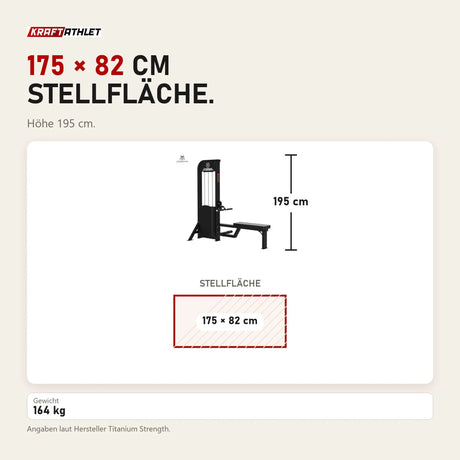 Maßbild Titanium Strength Elite Series Ruderzugmaschine Low Row: Stellfläche 175 × 82 cm, Höhe 195 cm