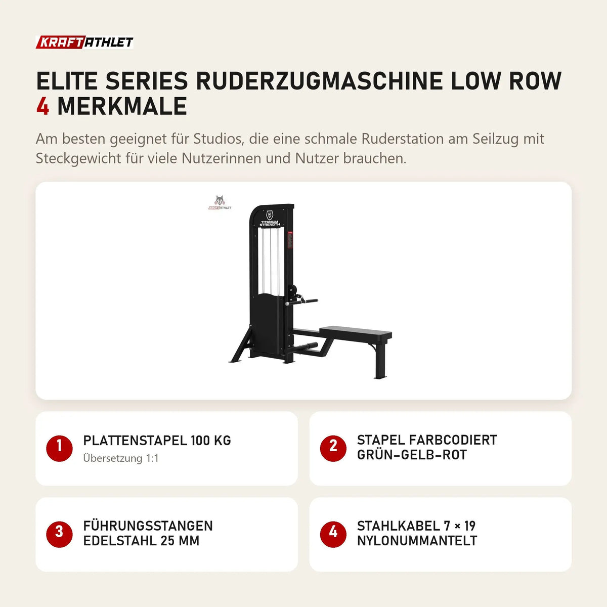 Titanium Strength Elite Series Ruderzugmaschine Low Row mit 4 Merkmalen: Plattenstapel 100 kg, Stapel farbcodiert grün–gelb–rot, Führungsstangen Edelstahl 25 mm, Stahlkabel 7 × 19 nylonummantelt