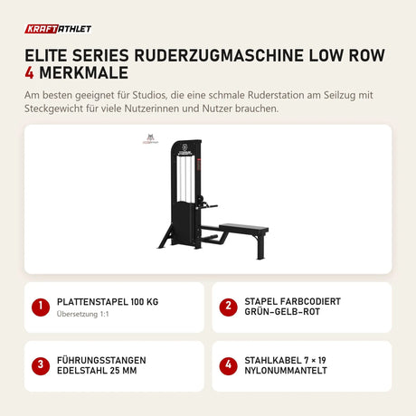 Titanium Strength Elite Series Ruderzugmaschine Low Row mit 4 Merkmalen: Plattenstapel 100 kg, Stapel farbcodiert grün–gelb–rot, Führungsstangen Edelstahl 25 mm, Stahlkabel 7 × 19 nylonummantelt