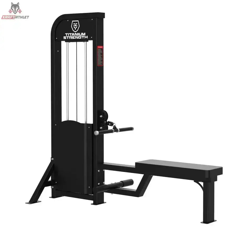 Titanium Strength Elite Series Ruderzugmaschine Low Row – Schrägansicht mit Sitzbank, Fußstütze und Gewichtsturm
