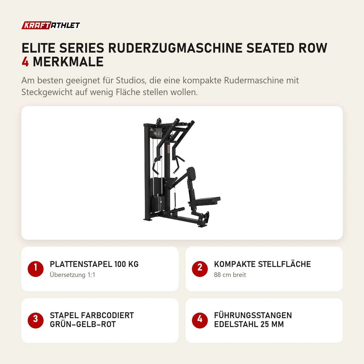 Titanium Strength Elite Series Ruderzugmaschine Seated Row mit 4 Merkmalen: Plattenstapel 100 kg, Kompakte Stellfläche, Stapel farbcodiert grün–gelb–rot, Führungsstangen Edelstahl 25 mm