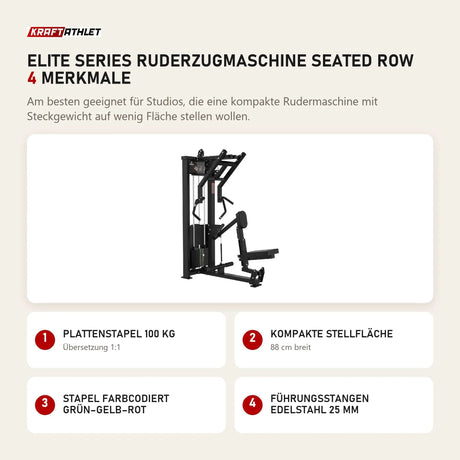 Titanium Strength Elite Series Ruderzugmaschine Seated Row mit 4 Merkmalen: Plattenstapel 100 kg, Kompakte Stellfläche, Stapel farbcodiert grün–gelb–rot, Führungsstangen Edelstahl 25 mm