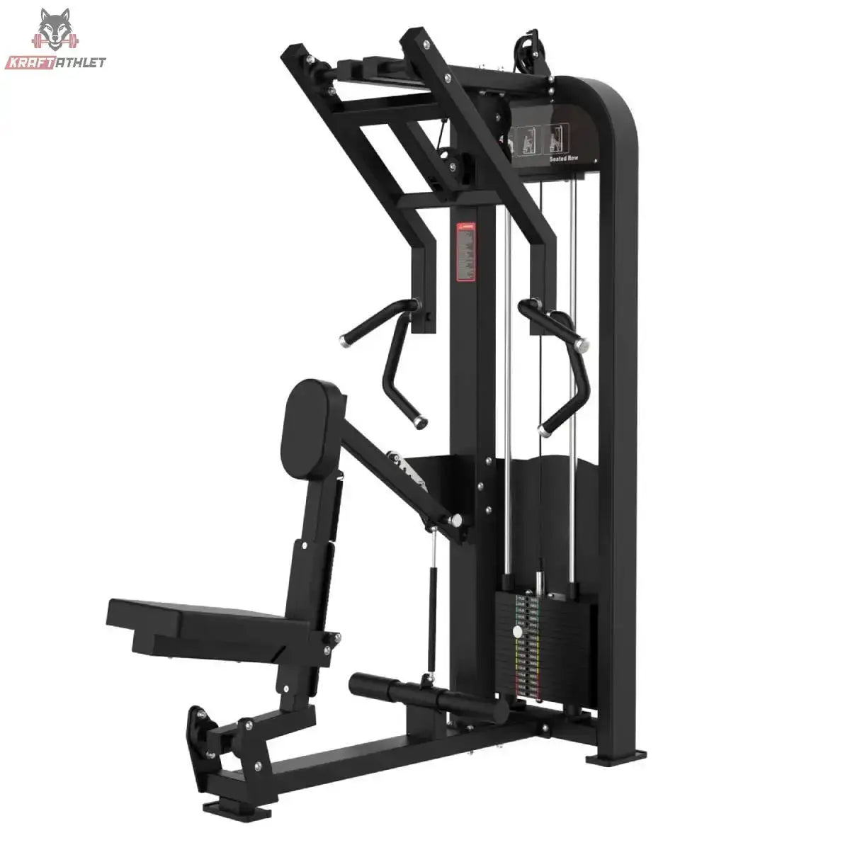 Titanium Strength Elite Series Ruderzugmaschine Seated Row – Schrägansicht von der anderen Seite mit Sitz und Hebelarmen
