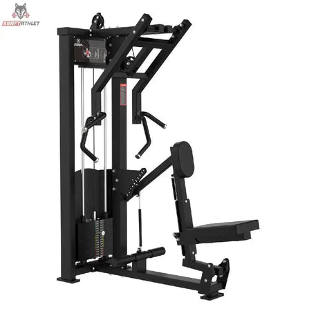 Titanium Strength Elite Series Ruderzugmaschine Seated Row – Schrägansicht mit Brustpolster, Sitz und Rudergriffen