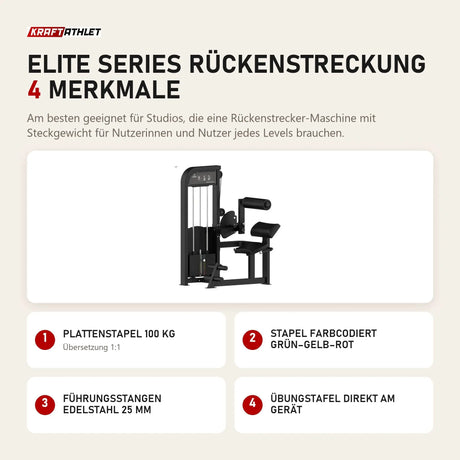 Titanium Strength Elite Series Rückenstreckung mit 4 Merkmalen: Plattenstapel 100 kg, Stapel farbcodiert grün–gelb–rot, Führungsstangen Edelstahl 25 mm, Übungstafel direkt am Gerät