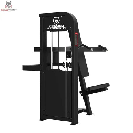 Titanium Strength Elite Series Schulterpresse – Schrägansicht von hinten mit Gewichtsturm und Griffen