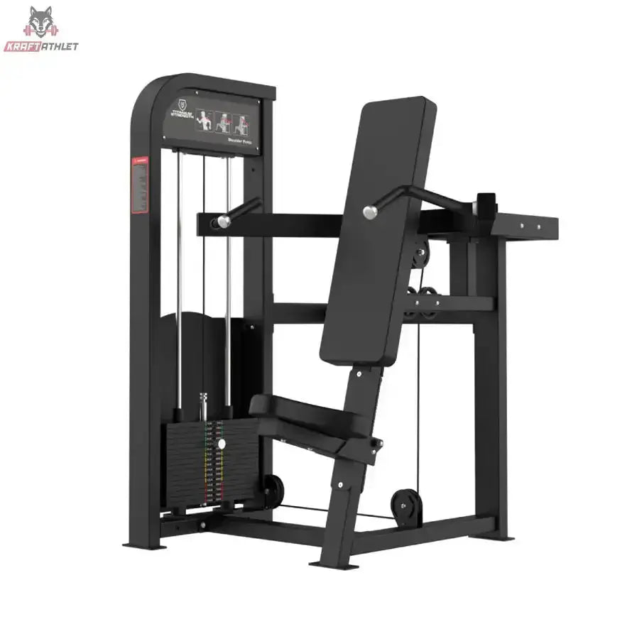Titanium Strength Elite Series Schulterpresse – Schrägansicht mit Rückenpolster, Druckgriffen und Gewichtsturm