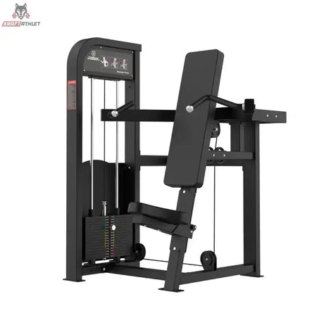 Titanium Strength Elite Series Schulterpresse – Schrägansicht mit Rückenpolster, Druckgriffen und Gewichtsturm