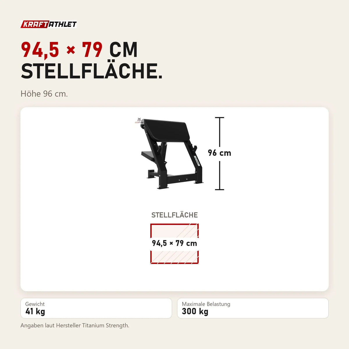 Maßbild Titanium Strength Elite Series Scott-Bank Preacher: Stellfläche 94,5 × 79 cm, Höhe 96 cm