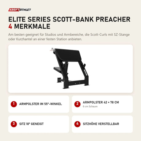 Titanium Strength Elite Series Scott-Bank Preacher mit 4 Merkmalen: Armpolster im 55°-Winkel, Armpolster 42 × 78 cm, Sitz 10° geneigt, Sitzhöhe verstellbar