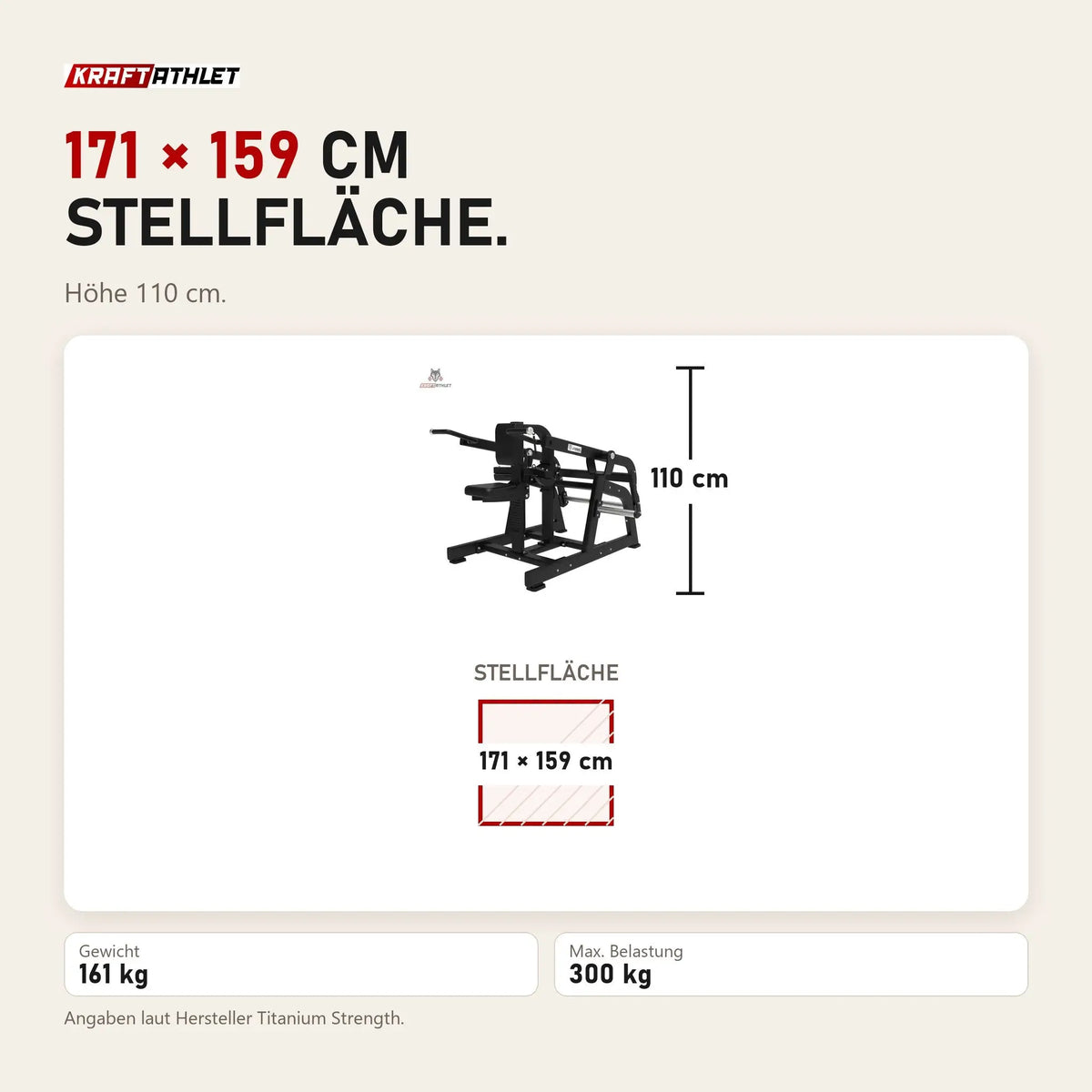 Maßbild Titanium Strength Elite Series Seated Dip Maschine: Stellfläche 171 × 159 cm, Höhe 110 cm
