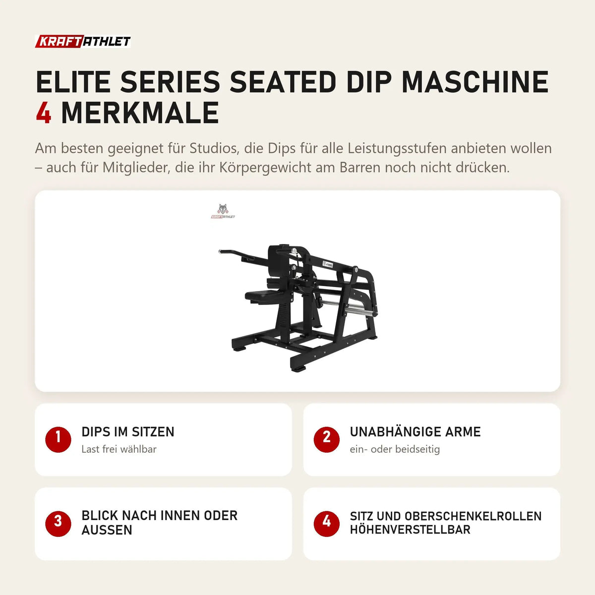 Titanium Strength Elite Series Seated Dip Maschine mit 4 Merkmalen: Dips im Sitzen, Unabhängige Arme, Blick nach innen oder außen, Sitz und Oberschenkelrollen höhenverstellbar