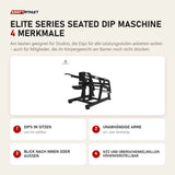 Titanium Strength Elite Series Seated Dip Maschine mit 4 Merkmalen: Dips im Sitzen, Unabhängige Arme, Blick nach innen oder außen, Sitz und Oberschenkelrollen höhenverstellbar