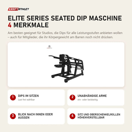 Titanium Strength Elite Series Seated Dip Maschine mit 4 Merkmalen: Dips im Sitzen, Unabhängige Arme, Blick nach innen oder außen, Sitz und Oberschenkelrollen höhenverstellbar