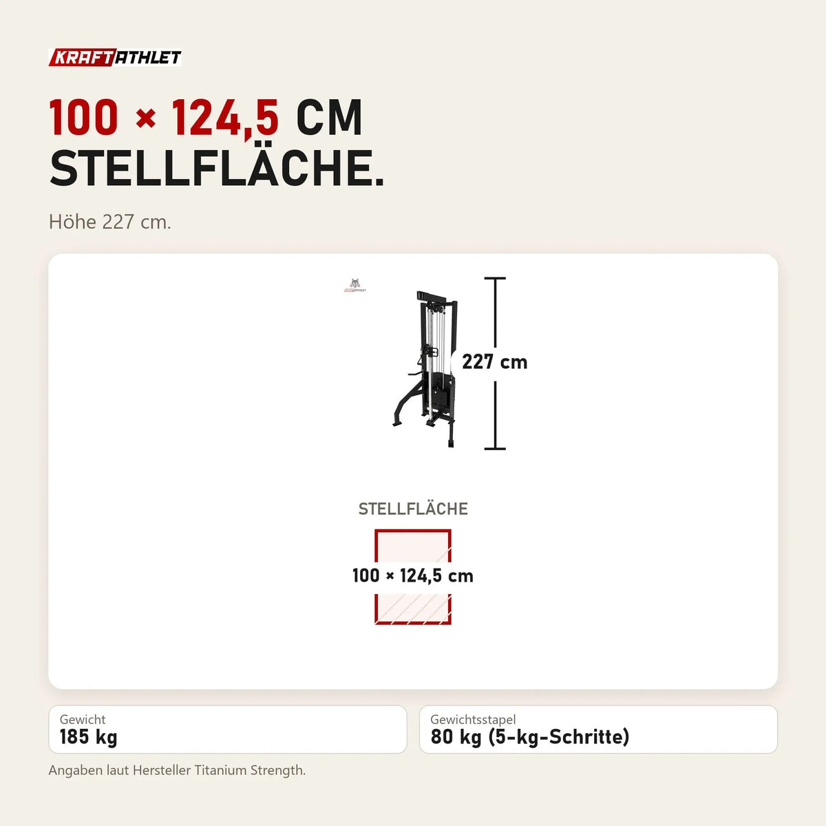 Maßbild Titanium Strength Elite Series Seilzugstation: Stellfläche 100 × 124,5 cm, Höhe 227 cm