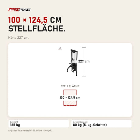 Maßbild Titanium Strength Elite Series Seilzugstation: Stellfläche 100 × 124,5 cm, Höhe 227 cm