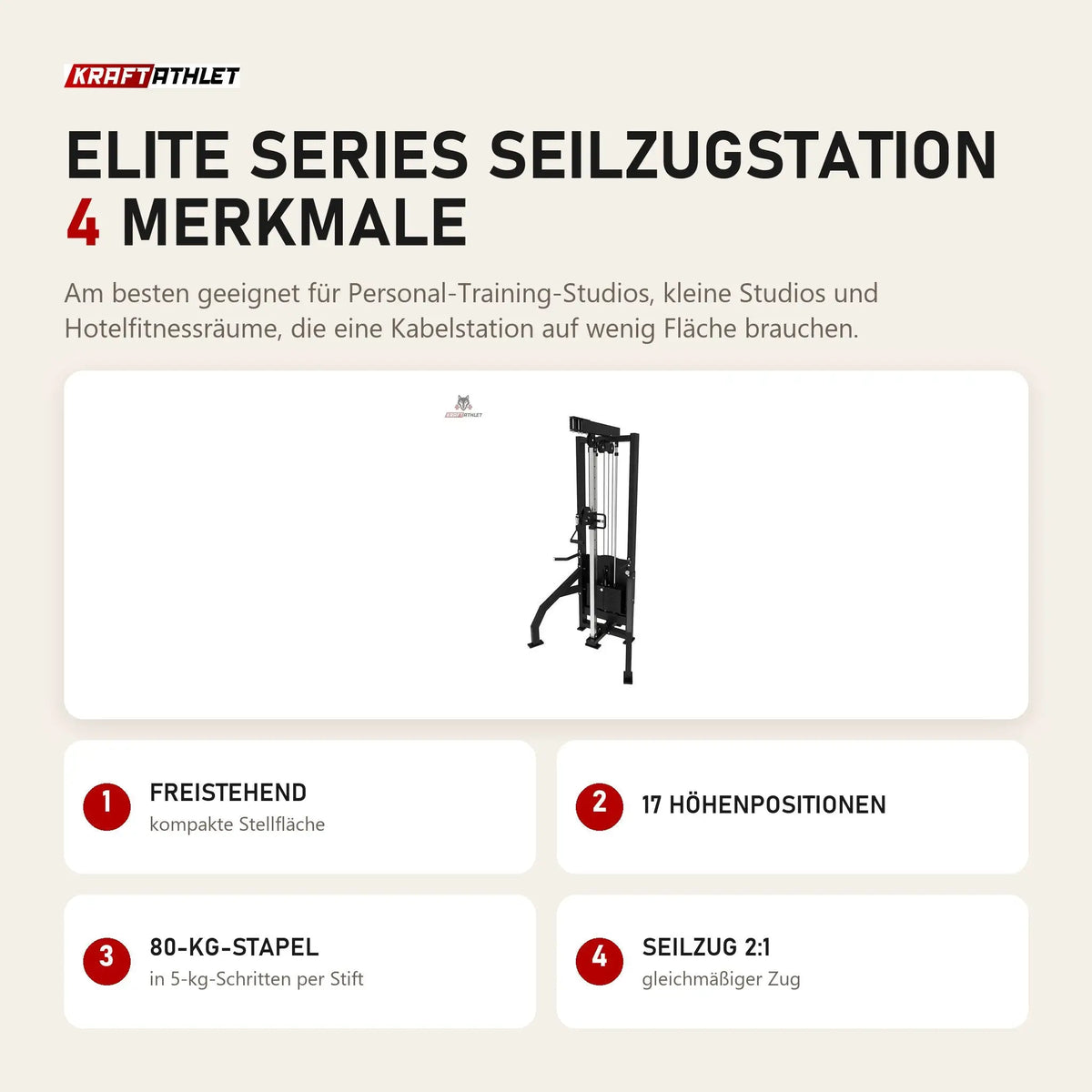 Titanium Strength Elite Series Seilzugstation mit 4 Merkmalen: Freistehend, 17 Höhenpositionen, 80-kg-Stapel, Seilzug 2:1