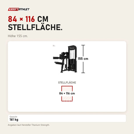 Maßbild Titanium Strength Elite Series Seitenheben: Stellfläche 84 × 116 cm, Höhe 155 cm