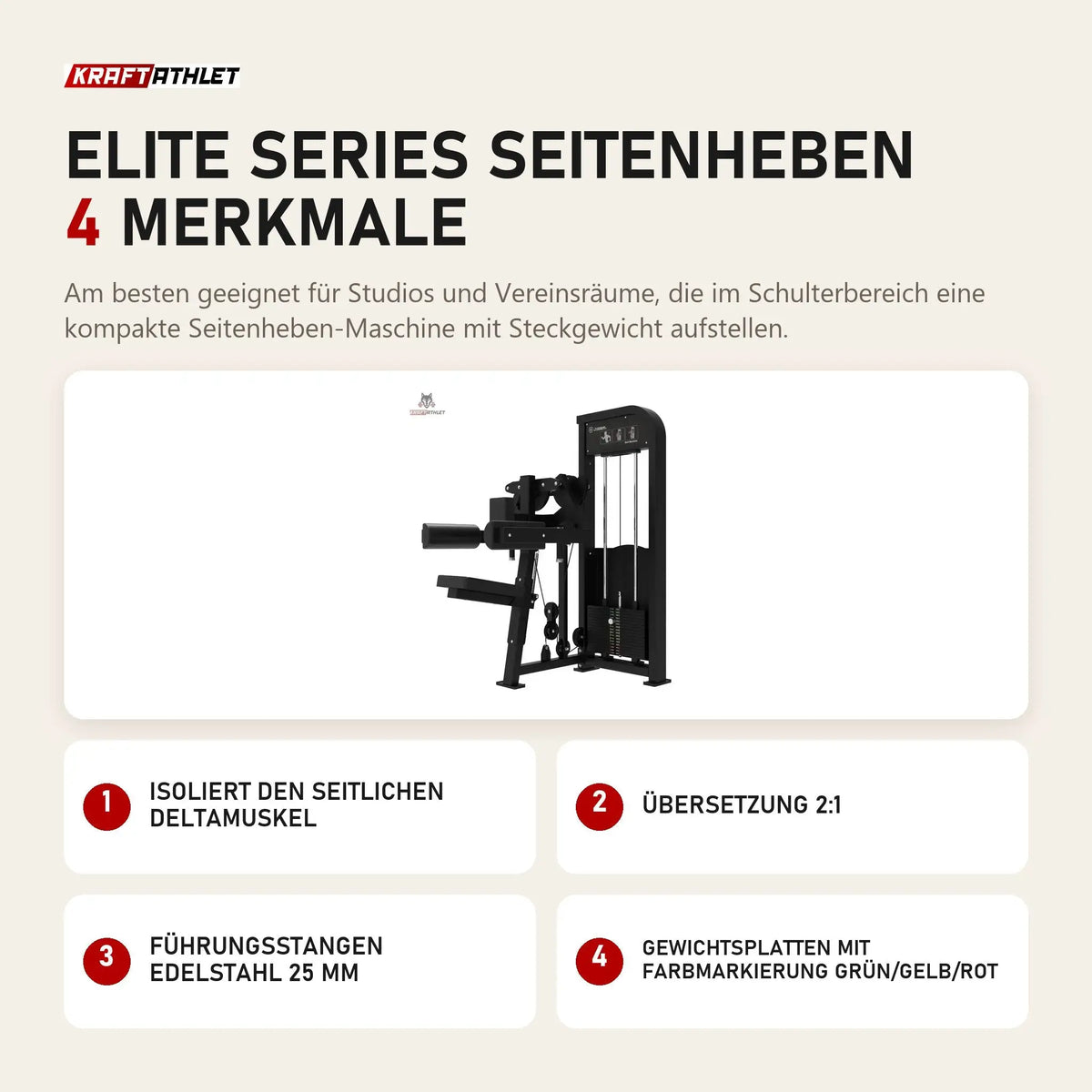 Titanium Strength Elite Series Seitenheben mit 4 Merkmalen: Isoliert den seitlichen Deltamuskel, Übersetzung 2:1, Führungsstangen Edelstahl 25 mm, Gewichtsplatten mit Farbmarkierung Grün/Gelb/Rot