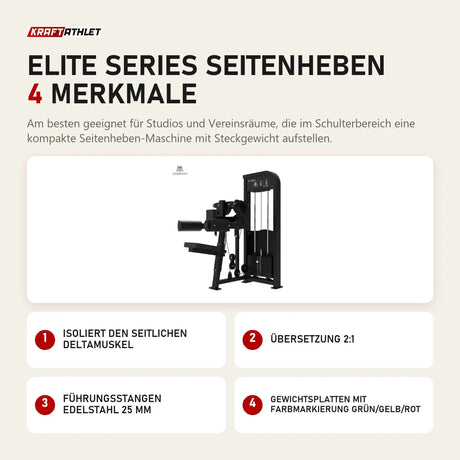 Titanium Strength Elite Series Seitenheben mit 4 Merkmalen: Isoliert den seitlichen Deltamuskel, Übersetzung 2:1, Führungsstangen Edelstahl 25 mm, Gewichtsplatten mit Farbmarkierung Grün/Gelb/Rot