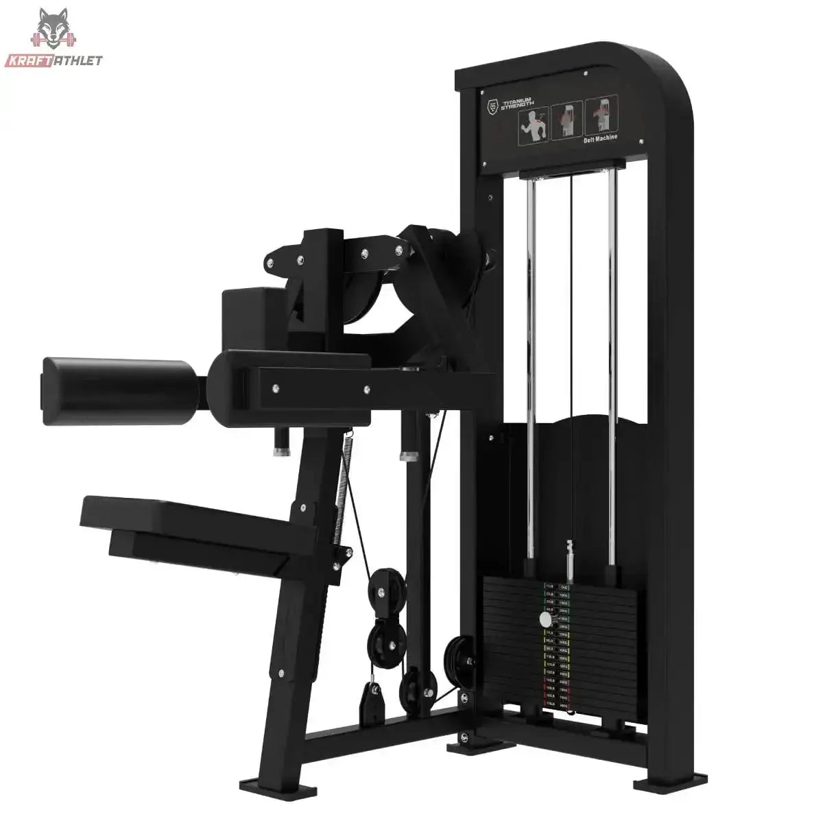 Titanium Strength Elite Series Seitenheben – Schrägansicht mit Armpolstern, Sitz und Gewichtsturm
