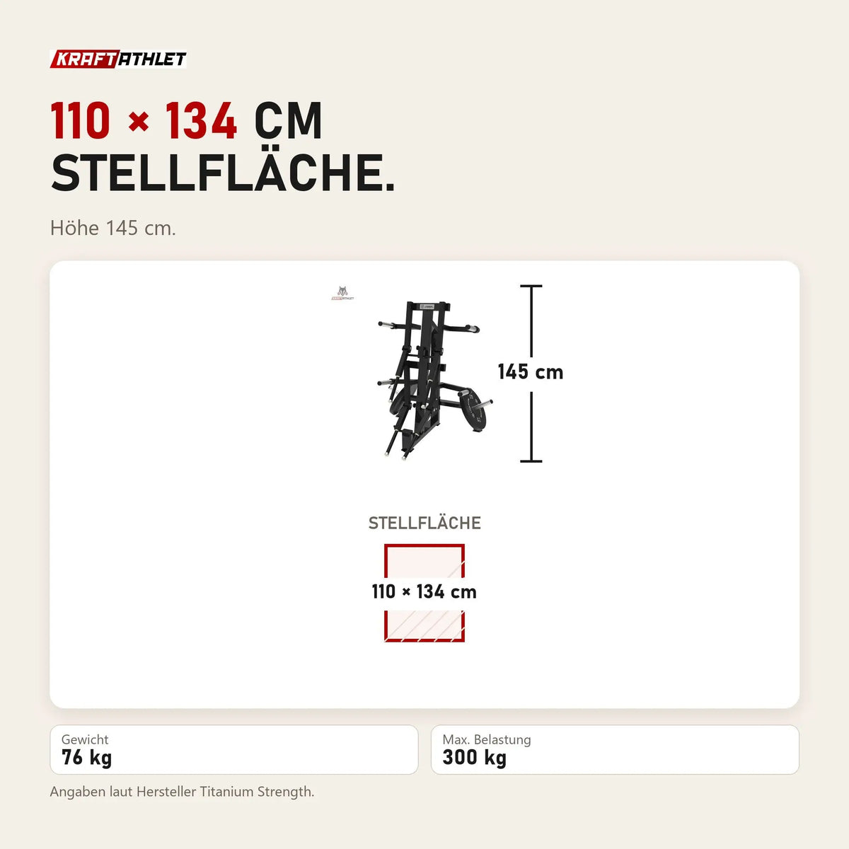 Maßbild Titanium Strength Elite Series Seitheben Schulter Maschine: Stellfläche 110 × 134 cm, Höhe 145 cm