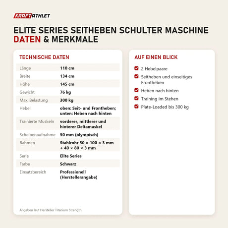 Technische Daten und Merkmale von Titanium Strength Elite Series Seitheben Schulter Maschine als Tabelle