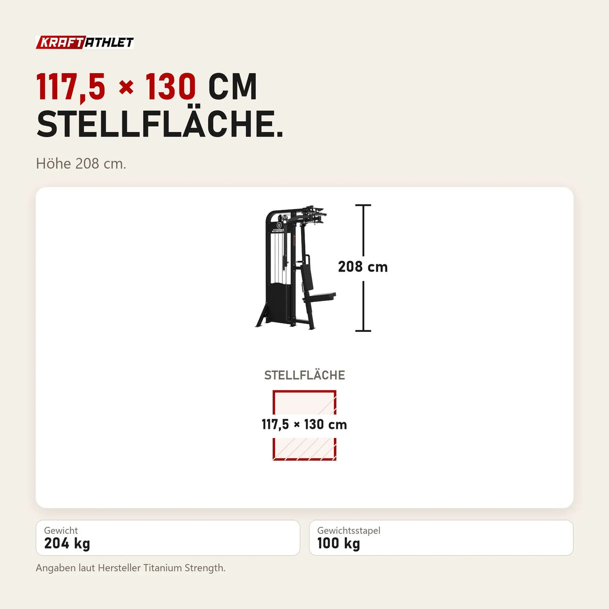 Maßbild Titanium Strength Elite Series Selektorisierte Pec Fly und Rear Delt: Stellfläche 117,5 × 130 cm, Höhe 208 cm