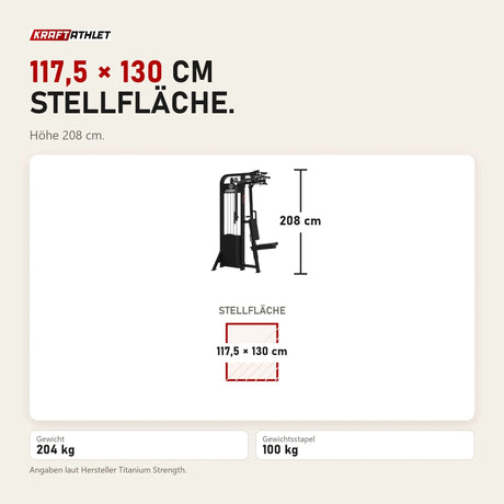 Maßbild Titanium Strength Elite Series Selektorisierte Pec Fly und Rear Delt: Stellfläche 117,5 × 130 cm, Höhe 208 cm