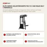 Titanium Strength Elite Series Selektorisierte Pec Fly und Rear Delt mit 4 Merkmalen: Butterfly und Reverse Fly an einer Station, Gewichtsstapel 100 kg, Führungsstangen Edelstahl 25 mm, Gewichtsplatten mit Farbmarkierung Grün/Gelb/Rot
