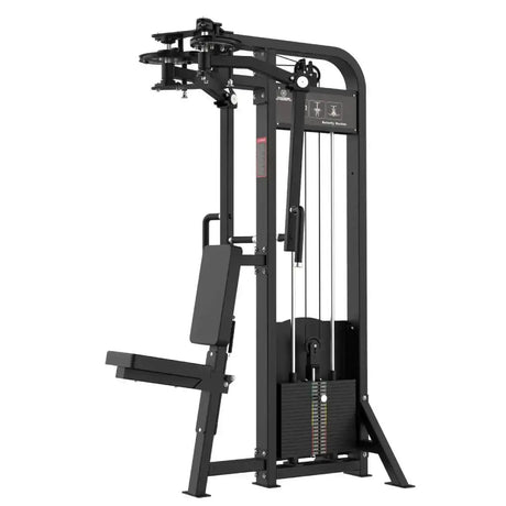 Titanium Strength Elite Series Selektorisierte Pec Fly und Rear Delt – Schrägansicht von der anderen Seite mit Polster und Gewichtsturm