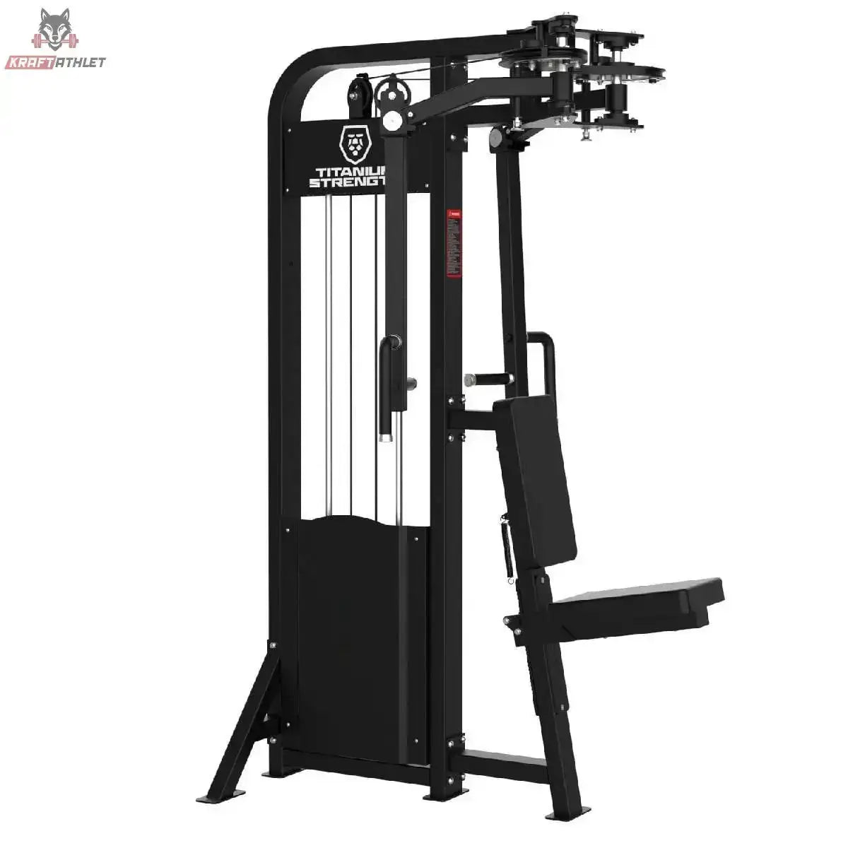 Titanium Strength Elite Series Selektorisierte Pec Fly und Rear Delt – Schrägansicht mit Sitz, Brustpolster und Gewichtsturm