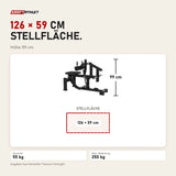Maßbild Titanium Strength Elite Series Sitzende Wadenmaschine: Stellfläche 126 × 59 cm, Höhe 99 cm
