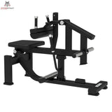 Titanium Strength Elite Series Sitzende Wadenmaschine: Schrägansicht mit Sitz, Kniepolster und Scheibenhorn
