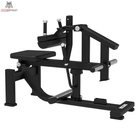 Titanium Strength Elite Series Sitzende Wadenmaschine: Schrägansicht mit Sitz, Kniepolster und Scheibenhorn