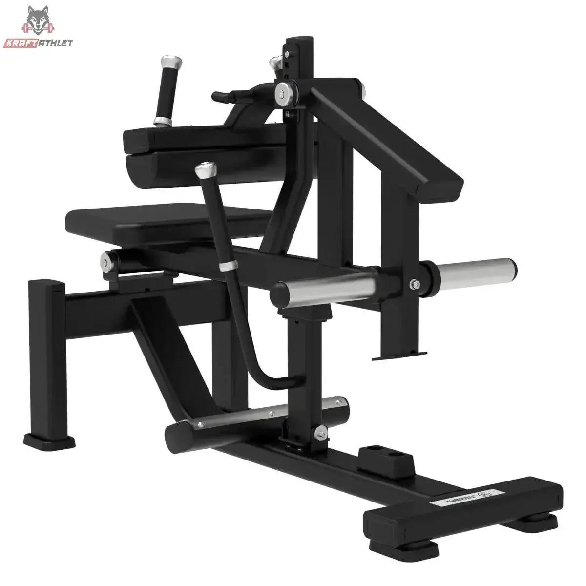 Titanium Strength Elite Series Sitzende Wadenmaschine: Schrägansicht von vorn mit Fußplatte und Hebelarm