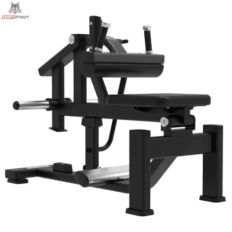 Titanium Strength Elite Series Sitzende Wadenmaschine: Seitenansicht von links mit Kniepolster und Sitz