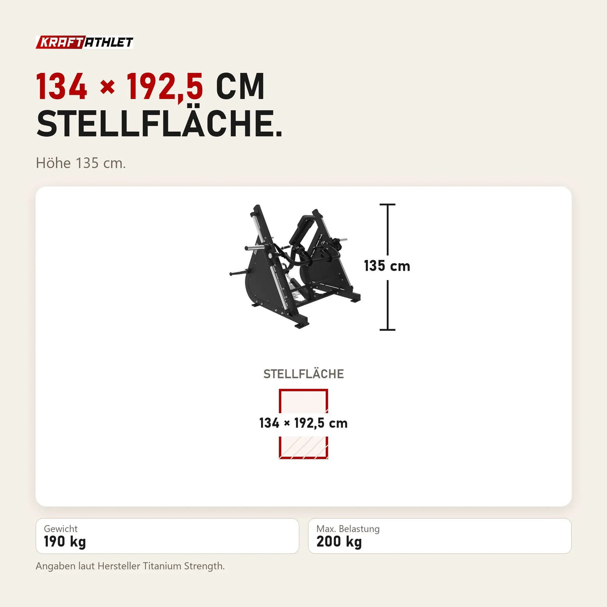 Maßbild Titanium Strength Elite Series Smith-Rudermaschine mit Brustunterstützung: Stellfläche 134 × 192,5 cm, Höhe 135 cm