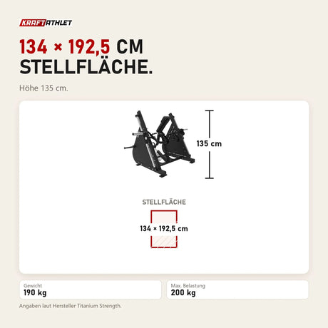 Maßbild Titanium Strength Elite Series Smith-Rudermaschine mit Brustunterstützung: Stellfläche 134 × 192,5 cm, Höhe 135 cm